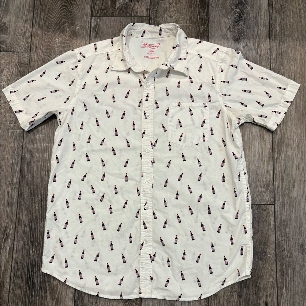 Budweiser Beer Bottle Short Sleeve Button Down Shirt‎- Size Large 🍺 🇺🇸